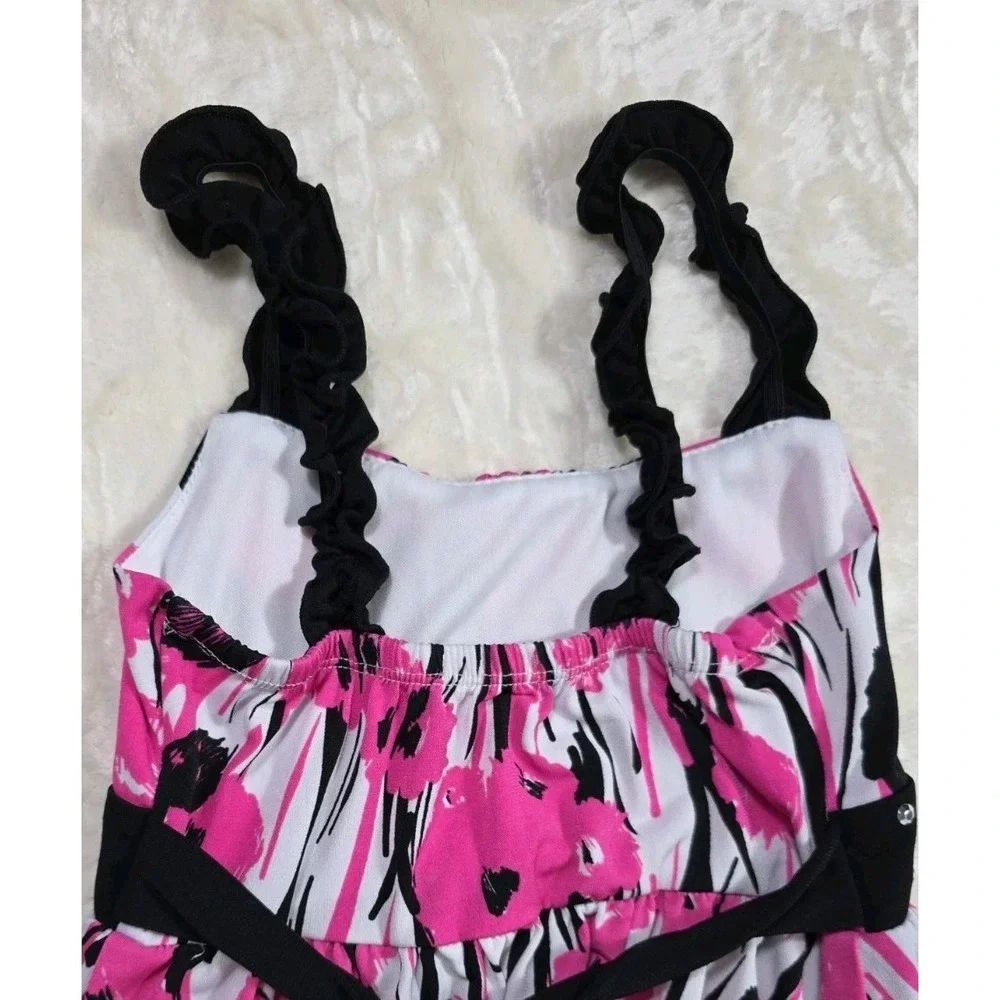 Y2K Justice Pink Black Floral Party Dress Ruffle Rhinestone Girls Size 6